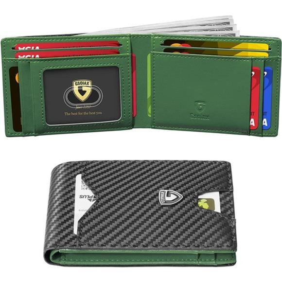 Mens Slim Wallet for Men Minimalist Genuine Leather Carbon Fiber Rfid Blocking